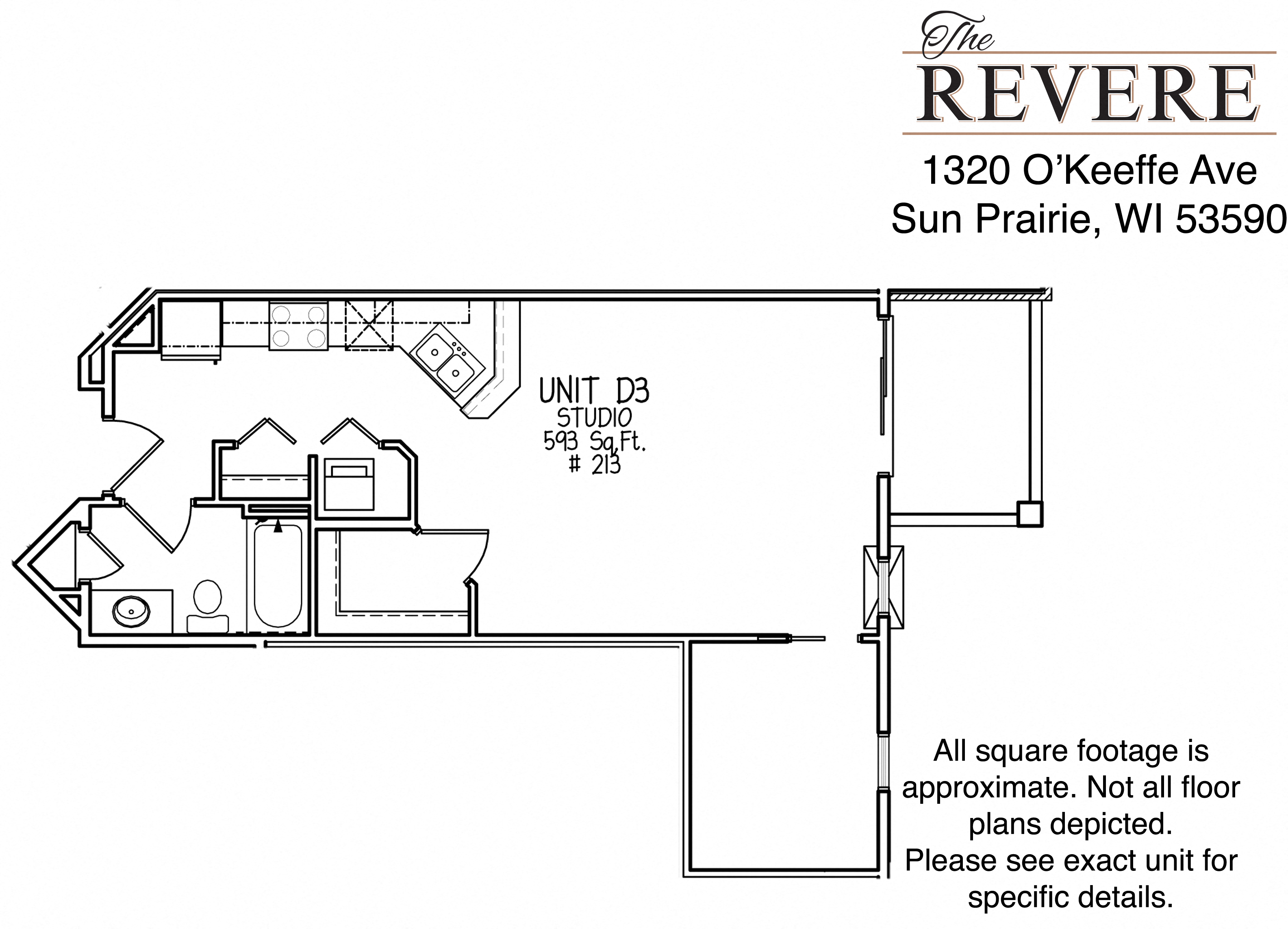 Floor plan for studio, 1 bath, 593 sqft